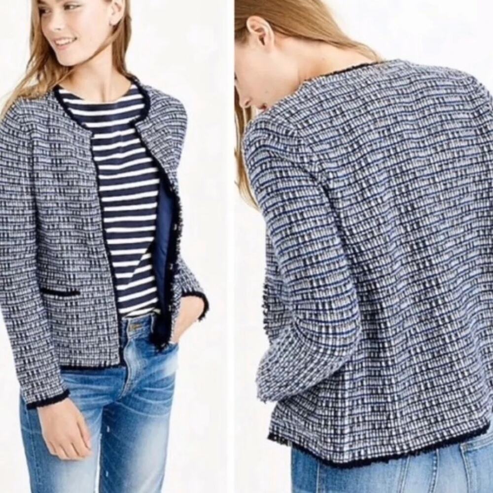 J. Crew knit metallic tweed fringe jacket blue white Sz S